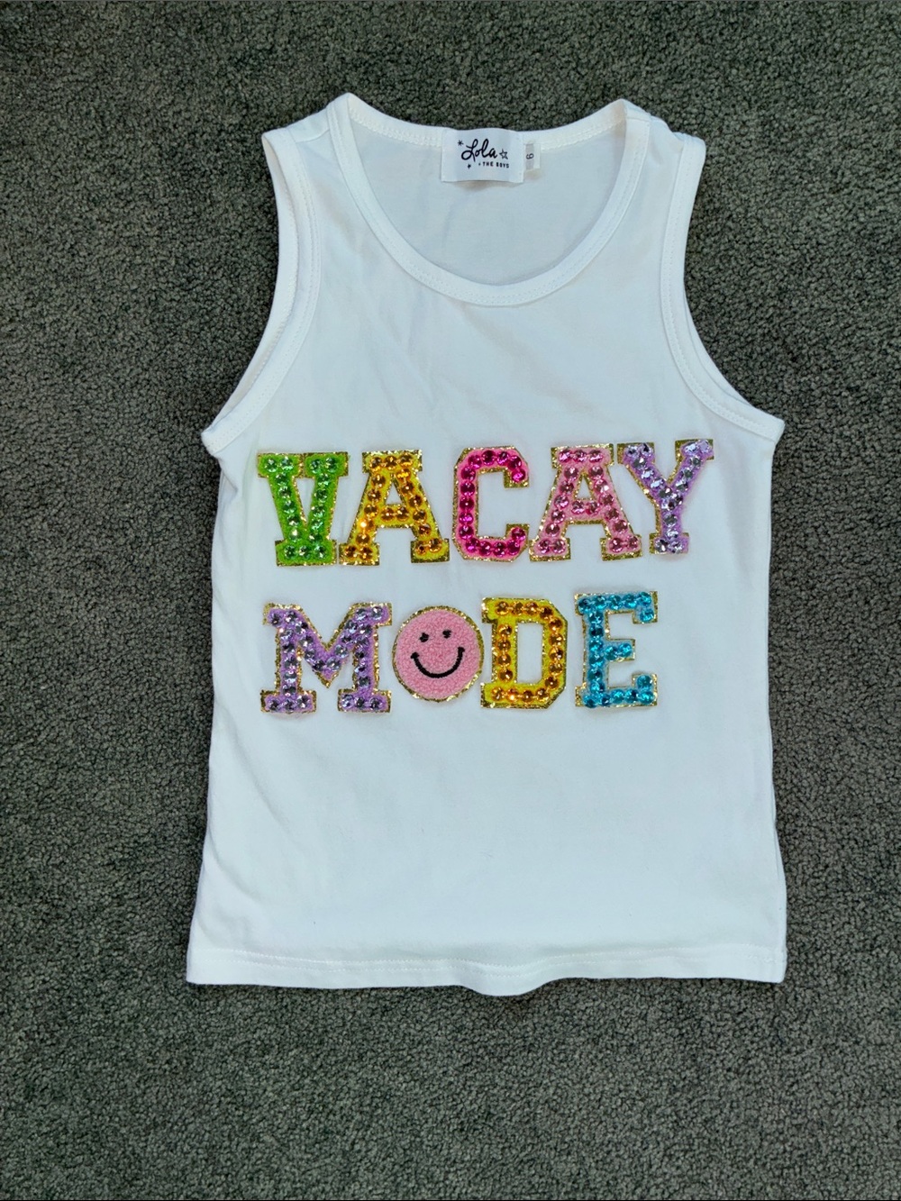 Lola + The Boys White Tank Top with Multicolor Rhinestone "VACAY MODE"